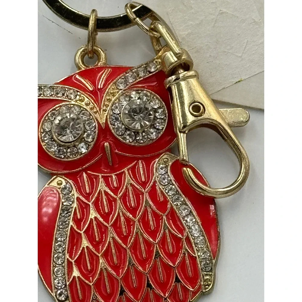 Orange Red Enamel Owl Keychain Gold Tone Rhinestone Eye‎ Bag Charm
